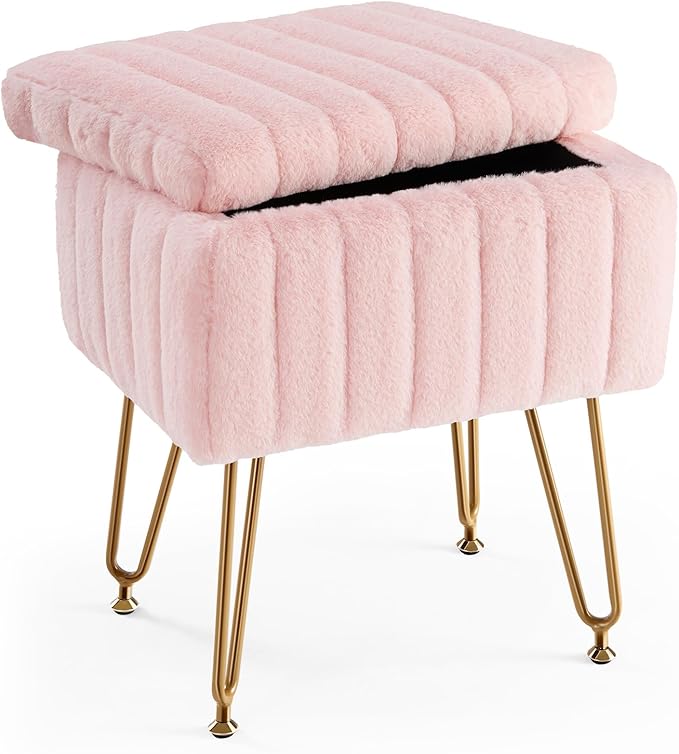 🌟 Silla  Butaca Banqueta de Piel Sintética con Almacenamiento – Rosado y Dorado 🌟