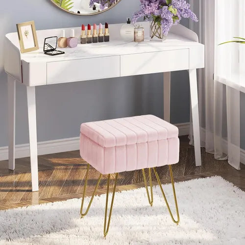 🌟 Silla  Butaca Banqueta de Piel Sintética con Almacenamiento – Rosado y Dorado 🌟