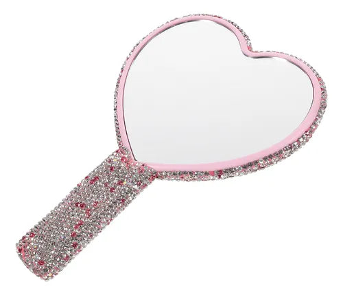 💖 Espejo de Mano con Diamantes de Imitación – Diseño Corazón 💖
