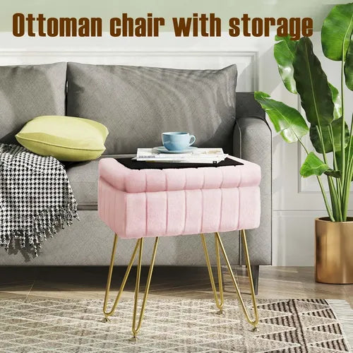 🌟 Silla  Butaca Banqueta de Piel Sintética con Almacenamiento – Rosado y Dorado 🌟