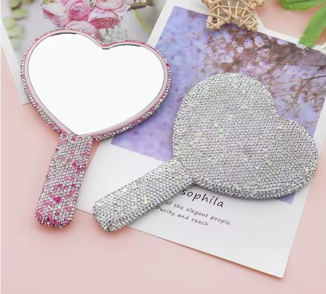 💖 Espejo de Mano con Diamantes de Imitación – Diseño Corazón 💖